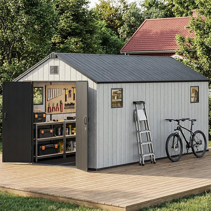 Jocoevol Outdoor Storage Shed, 8x15FT Resin Shed with Floor & Windows, Thickened Heavy Duty All-Weather Garden Tool Shed for Backyard, Patio, Lawn, Gray - Image 7
