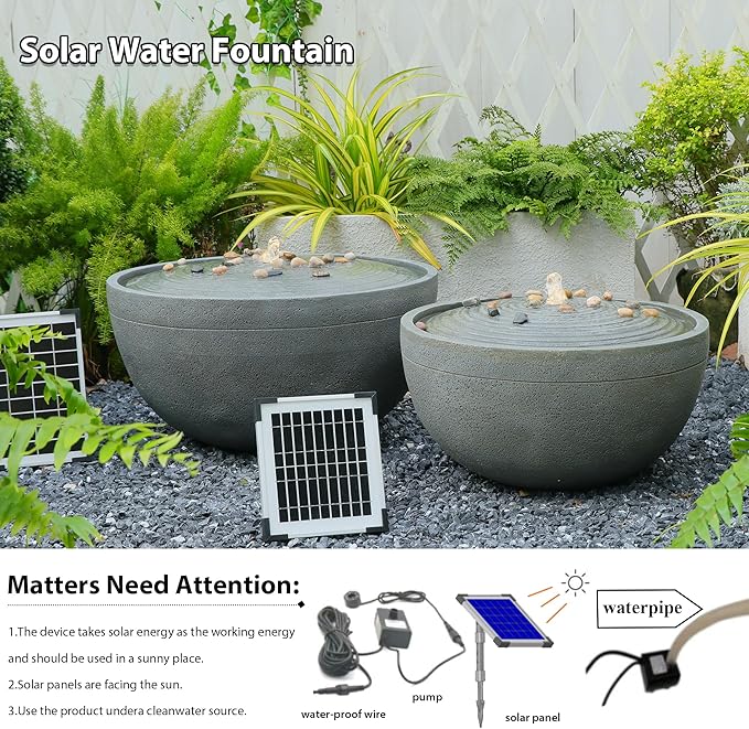 Solar Water Fountain Outdoor Garden Bubbler Water Feature Outdoor Fountains Solar Powered with Pebbles for Patio Deck Yard Home Decor Gray, 20 "L X 20" W X 11.5" H