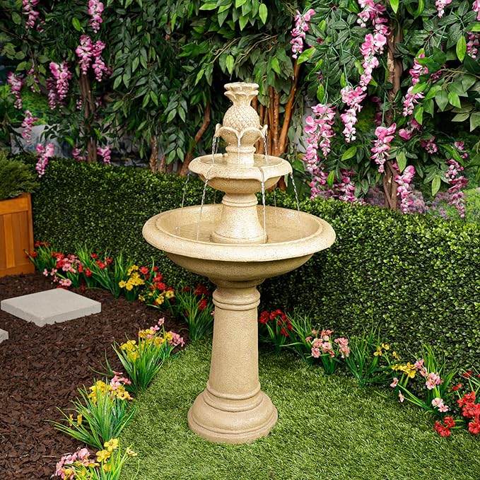 Alpine Corporation USA1590 Ivory Pineapple Multi-Tier Fountain, Statement Waterfall for Lawn & Garden, 42" H, White