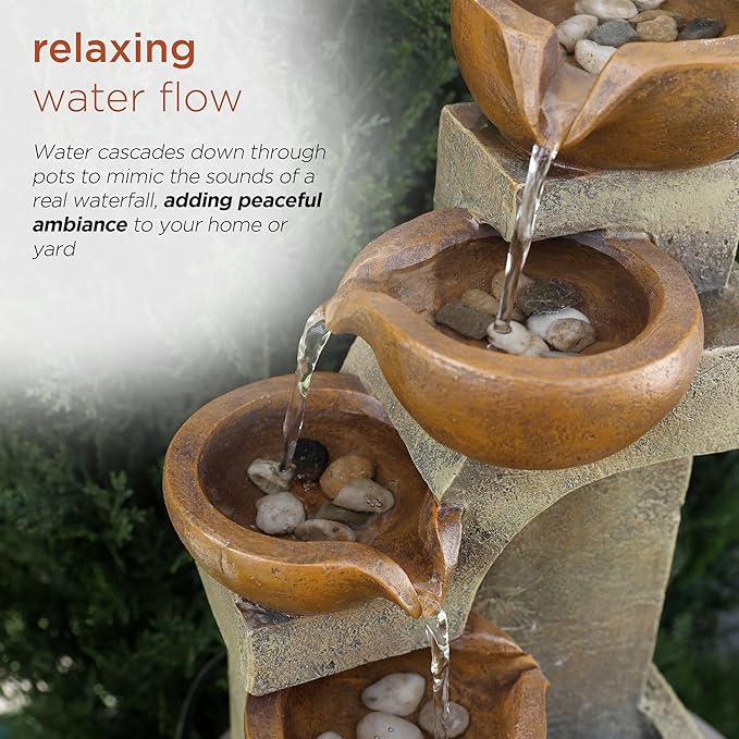 Alpine Corporation WCT726 | 16"H Indoor/Outdoor Tabletop Tiered Pouring Pots Waterfall Fountain — Natural Stone-Look Finish Adds Rustic Charm — Brown