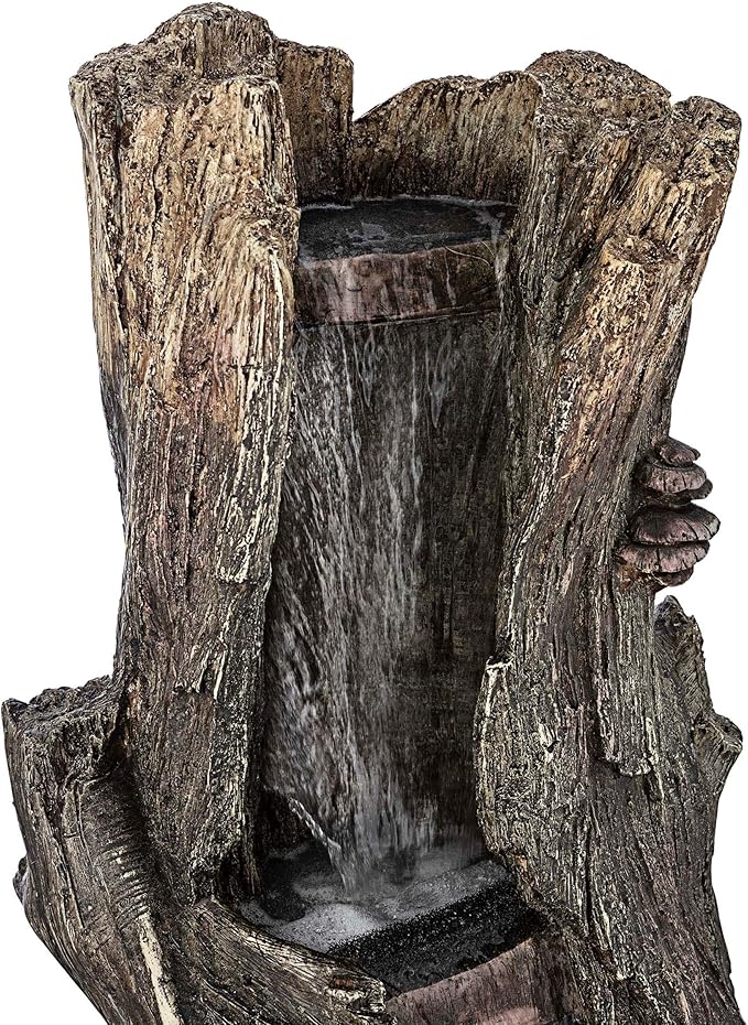Alpine Corporation WIN258 Outdoor Rainforest Waterfall Tree Trunk Floor Fountain with LED Lights, Tiered Garden Decor, 41" H, Brown