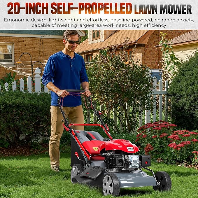 173cc self propelled Gas Lawn Mower Walk Behind Grass Cutter 20 inch Cutting Deck 60l Collection Bag Rear Wheel Drive Heavy Duty Yard Care Landscaping Tool Adjustable Height Patio Weed Trimming - Image 2