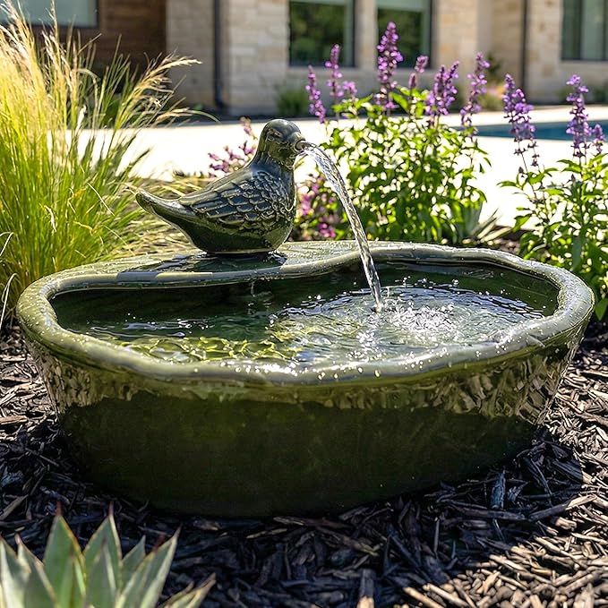 Sunnydaze Ceramic Solar-Powered Water Fountain - Green Glaze - Low-Voltage Submersible Pump with Filter - Dove