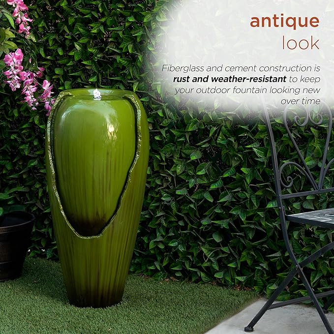 Alpine Corporation 33" Tall Outdoor Vintage Cascading Antique Jar Water Fountain with LED Lights for Gardens, Patios, and Yards, Green