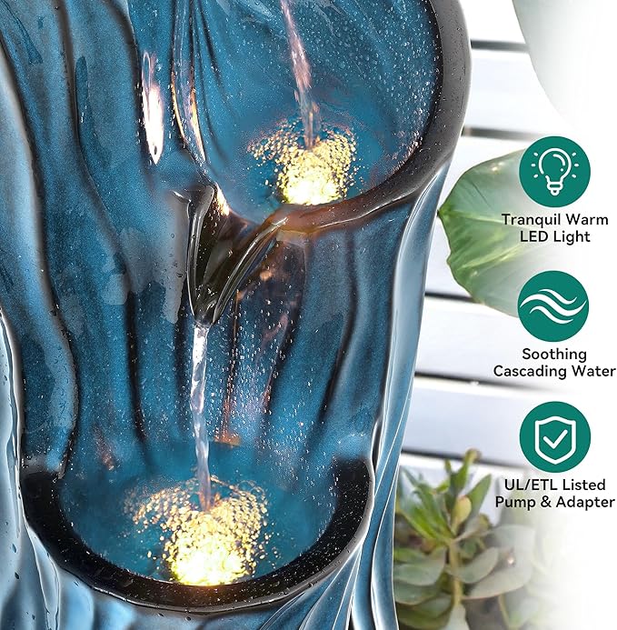 32" H Ceramic Outdoor Water Fountain with LED Lights, 3-Tier Cascading Sphere Water Feature, Tranquil Waterfall for Relaxing Garden, Patio, Yard, or Porch, Turquoise, Dynamic Wave-Texture