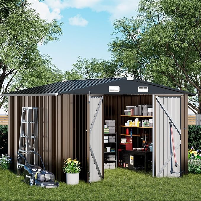 COMHOMA Shed Outdoor Storage Shed Metal,Lockable Doors Tool Sheds with Sloping Roof,Steel Garden Shed with Air Vent for Backyard,Patio,Lawn,Poolside (Brown, 10'x10') - Image 2