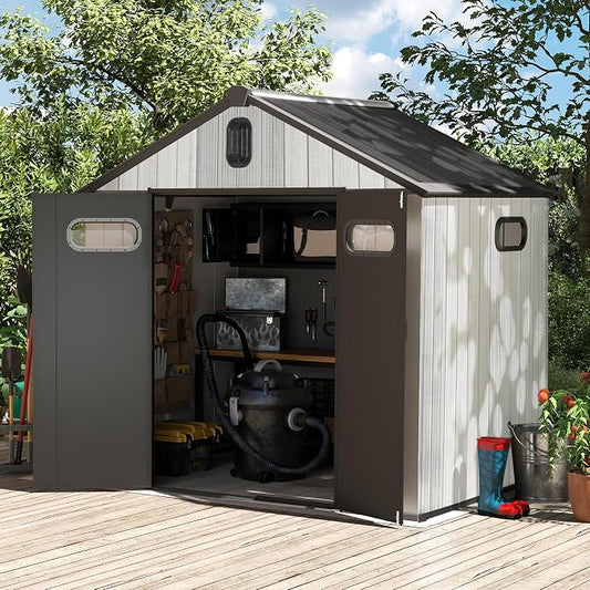 Domi 8x6 FT Outdoor Resin Storage Shed, All-Weather Double-Wall Storage Building for Backyard, Garden, Lawn Tools, Mower, Bike & Pool Equipment, Lockable Doors, Ventilated Roof, Grey by domioutdoorliving