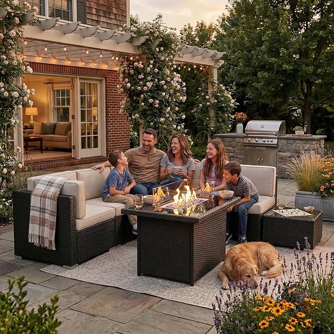 10 Pieces Patio Furniture Set with 44" Propane Gas Fire Pit Table, Outdoor Sectional Wicker Conversation Sofa Sets with Coffee Table