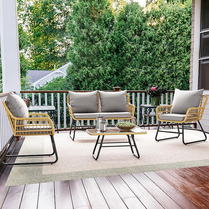 YITAHOME 4-Piece Patio Furniture Wicker Outdoor Bistro Set, All-Weather Rattan Conversation Loveseat Chairs for Backyard, Balcony and Deck with Soft Cushions and Metal Table (Light Grey+Beige)