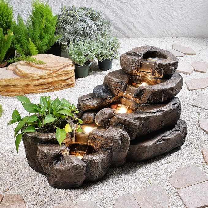 38.2" L Water Fountain Outdoor Garden 5 Tiers Floor Standing Rock Natural Waterfall Outdoor Fountains with LED Lights and Planting Pot for Patio, Porch,Backyard,Home Art Decor