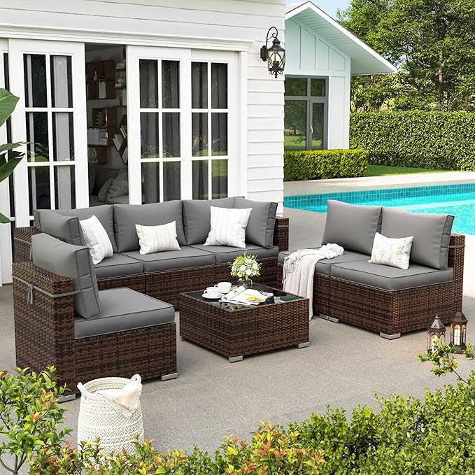 Patio Furniture Set, 7 Pieces Outdoor Sectional Sofa, PE Wicker Backyard Conversation Set with Waterproof Cover & Coffee Table, Modular Outdoor Couch for Garden, Poolside (Brown/Grey Cushions)