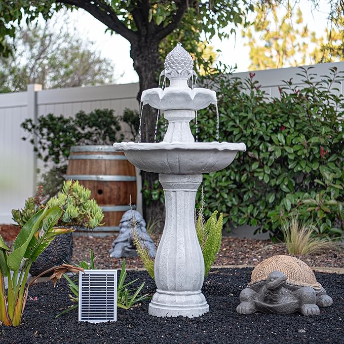 XBrand 44" Tall White Fiberglass/Resin 2-Tiered Solar Water Fountain w/Solar Panel and Auto-Shut Off Pump for Home Garden Yard Decor