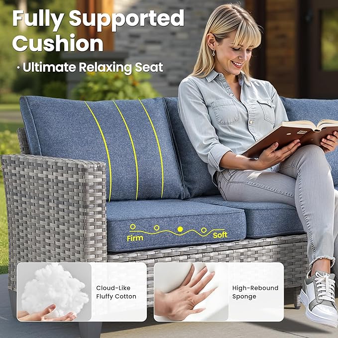 ovios Patio Furniture Set, 8 Pieces Outdoor Wicker Sofa Couch with Chairs, Ottomans and Comfy Cushions, All Weather High Back Rattan Conversation Set, Denim Blue