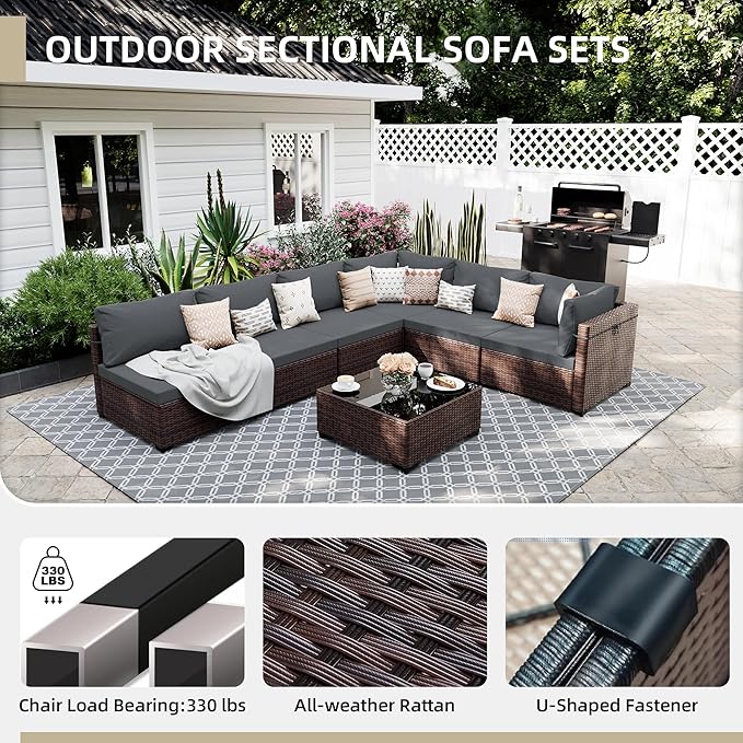 UPHA 9 Pieces Patio Furniture Sets, Wicker Outdoor Sectional Sofa Couch with Rectangle Propane Pit for Deck Backyard Garden, Brown Rattan, Dark Gray Cushion