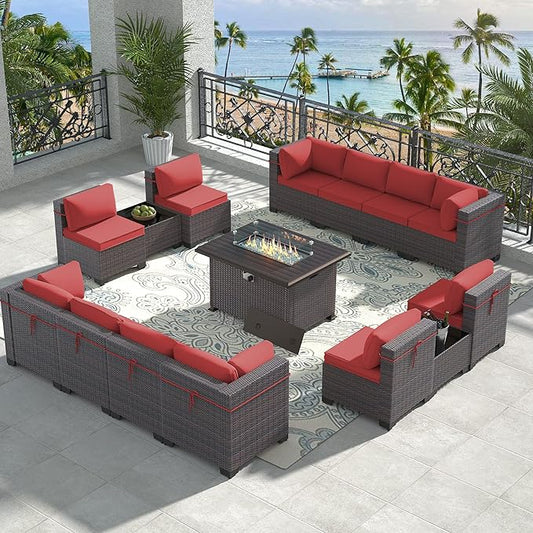 15 Pieces Outdoor Patio Furniture Set,Outdoor Sectional Furniture with 43" 55000 BTU Gas Propane Fire Pit Table,All Weather PE Rattan Wicker Patio Conversation Set,Red