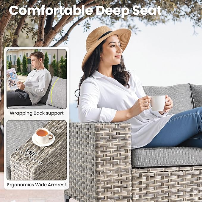 ovios 9-Piece Patio Furniture Set with L-Shape Sofa Chaise, Outdoor Sectional Couch Swivel Gliders Fire Pit Table Solar Table, Modern Modular Wicker Rattan Conversation Set, Dark Grey