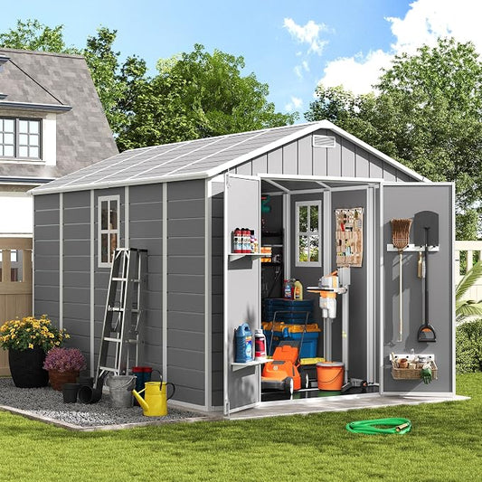 Amopatio Outdoor Storage Shed with Floor, 8x10 FT Lockable Plastic Tool Shed with Ventilation, Waterproof Resin Garden Sheds for Backyard, Patio, Lawn and Bike Grey by Amopatio