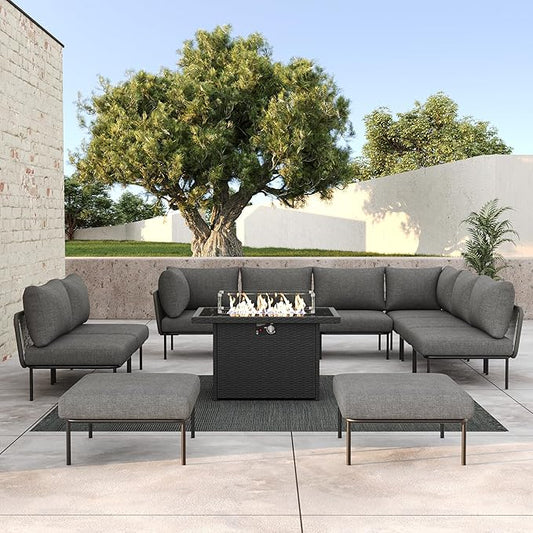 LayinSun 11 Pieces Aluminum Patio Furniture Set, Modern Modular Sectional Sofa with Fire Pit Table and Upgrade Thickness Cushion