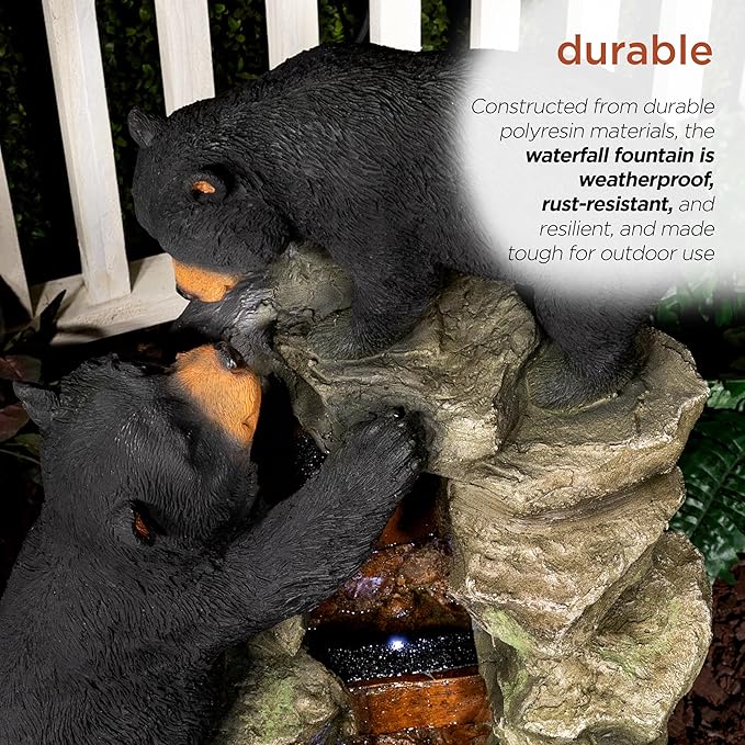 Alpine Corporation 36" Tall Indoor/Outdoor 2 Bears Climbing Rainforest Water Fountain with LED Lights, Cascading Wildlife Water Feature for Garden, Patio, and Home Decor, Brown