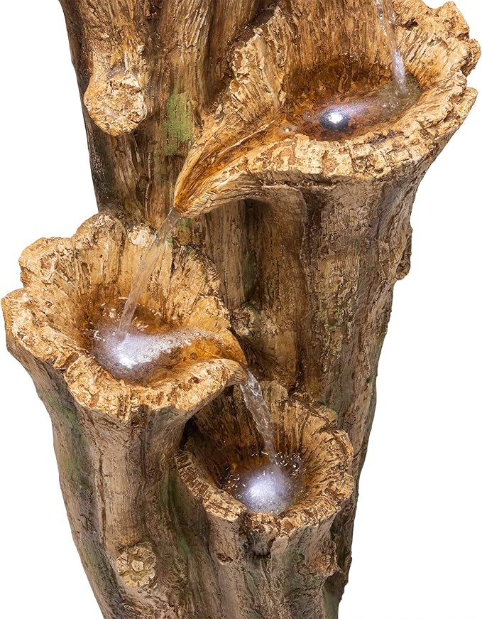 Alpine Corporation TZL268 47" Outdoor 3-Tier Tree Bark Water Fountain with LED Lights for Gardens, Patios, and Yards, Brown