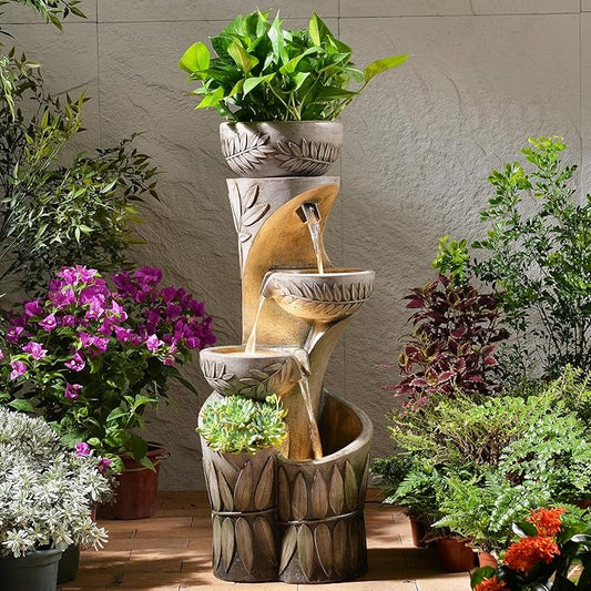 35.6" H Outdoor Water Fountain - Relief Leaf Design 4 Tiers Modern Cascading Bowls and Garden Fountains with Lights for Patio, Deck, Porch, Lawns, Backyard and Home Art Decor