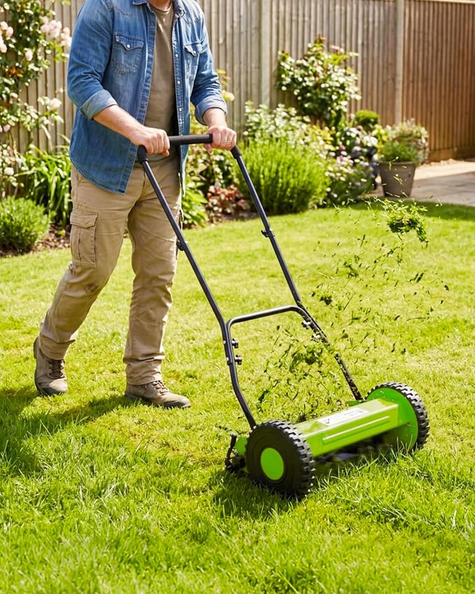 16 Inch Manual Reel Lawn Mower, 5-Blade Push Reel Mower with Adjustable Cutting Height, Walk-Behind Compact Hand Push Mower for Small Yards, Quiet Cordless Mowing (Green) — No Grass Catcher Bag - Image 7