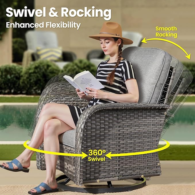 ovios 3-Piece Patio Furniture Set, Outdoor Wicker Sofa with Swivel Chairs, High Back Rattan Gliders Rocker with Comfy Cushions for Porch Yard Deck, Dark Grey