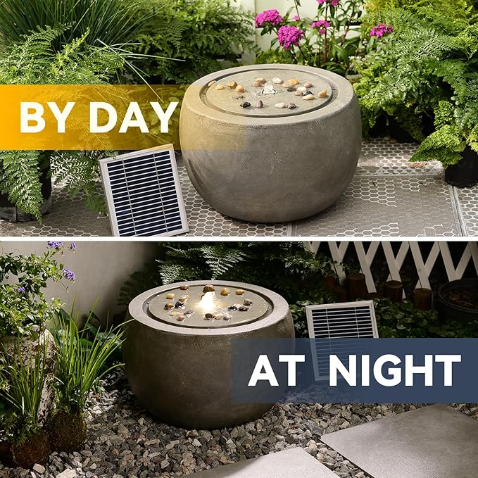 Solar Water Fountain Outdoor Garden Bubbler Water Feature Fountains Solar Powered with Pebbles for Patio Deck Yard Home Decor Gray, 18 "L x 18" W x 11.5" H