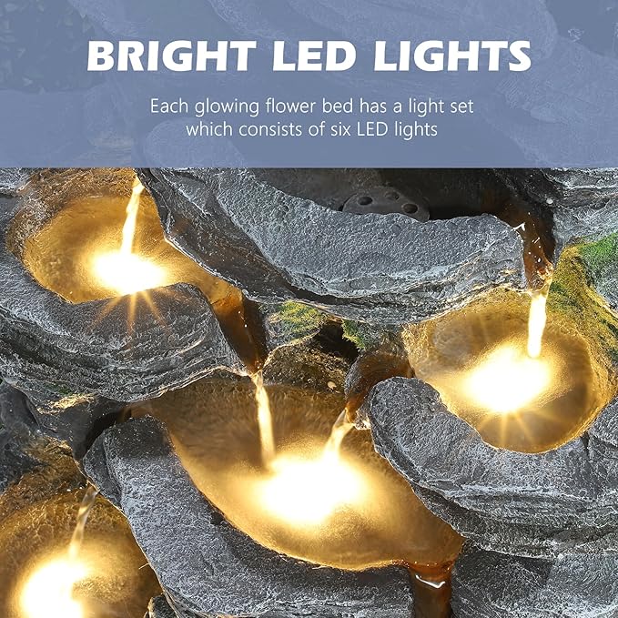 Grepatio Outdoor 7-Tiers Cascading Rock Water Fountain, Waterfall Fountain with 6 LED Lights, Outdoor Fountains and Waterfalls for Garden or Patio, Yard, and Deck Decor with Natural Stone Look