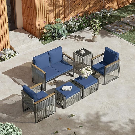 HOMREST Outdoor Patio Furniture Set with Ottomans, 6 Piece Patio Conversation Sets with Coffee Table,2 Ottoman,Coffee Table,Love Seat for Porch, Balcony, Deck, Yard(Blue)
