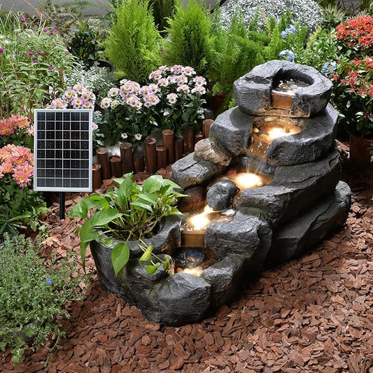 38.2" L Solar Water Fountain Outdoor Garden 5 Tiers Floor Standing Rock Natural Waterfall Outdoor Fountains with LED Lights and Planting Pot for Patio, Porch,Backyard,Home Art Decor