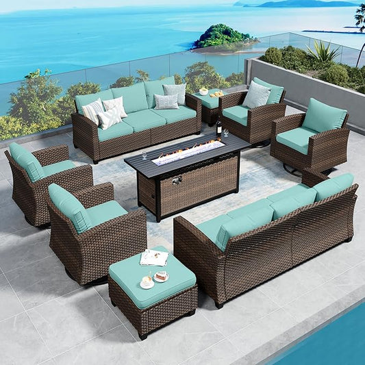 Swivel Glider Patio Furniture Set Outdoor Furniture Brown Wicker Rattan Patio Conversation Sets with Cushion Outside Sofa Set,8 Pieces with Rectangular Firepit Table,12 Seats,Blue