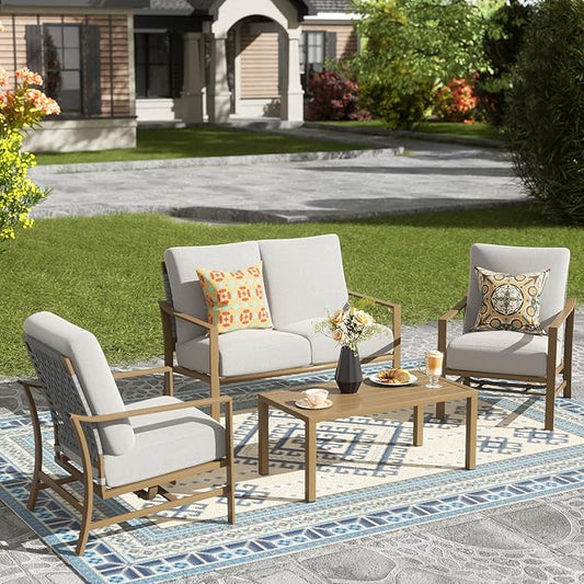 NATURAL EXPRESSIONS 4 Pieces Patio Furniture Sets,Modern Metal Outdoor Conversation Sets with All Weather Hand-Woven Rope Chairs,High Back Frame,Metal Table, 6" Thick Olefin Cushions for Yard,Garden