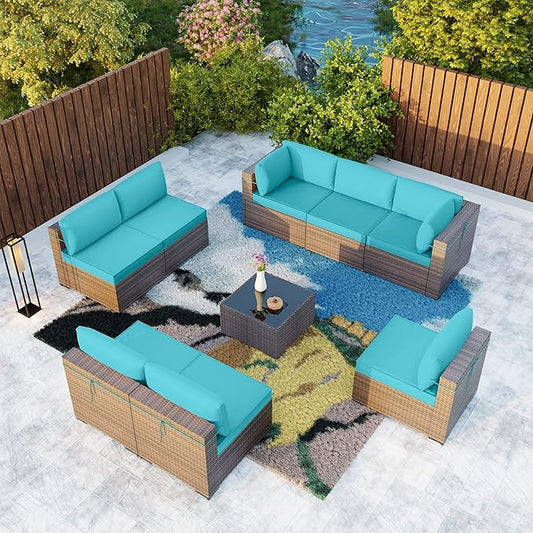 Kullavik 9 Pieces Outdoor Patio Furniture Set,Sectional Rattan Sofa Set Brown PE Rattan Wicker Patio Conversation Set with Tempered Glass Coffee Table and Washable Cushions Covers,Turquoise Blue