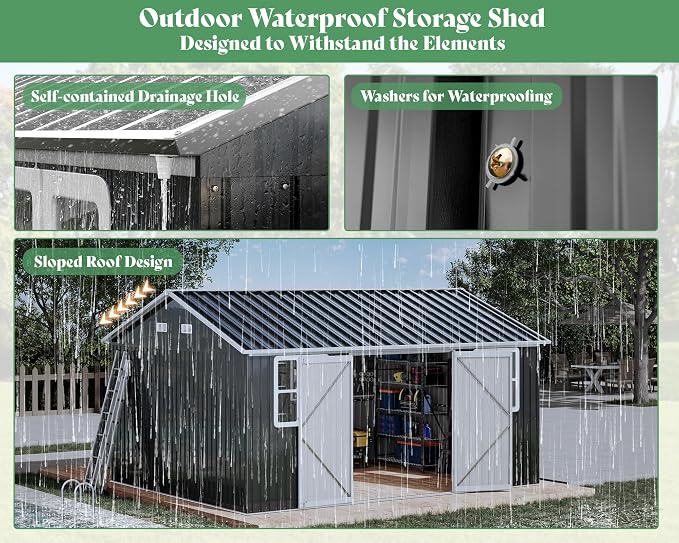 VanAcc 12 x 14FT Outdoor Storage Shed with a Lockable Hinged Door and 2 Windows, Nordic Cottage Metal Shed for Backyard, Garden, Patio, Dark Grey/White - Image 5