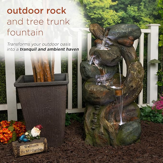 Alpine Corporation WIN1546 Outdoor Floor Rock/Tree Trunk Fountain w/LED Lights, Cascading Garden Water Fountain, 39" H, Gray