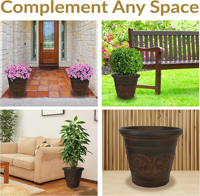 Sunnydaze 16-Inch Arabella Large Plastic Pot for Plants - Outdoor Double-Walled Polyresin Large Plastic Planter with Drillable Drainage Holes - Rust - 2-Pack
