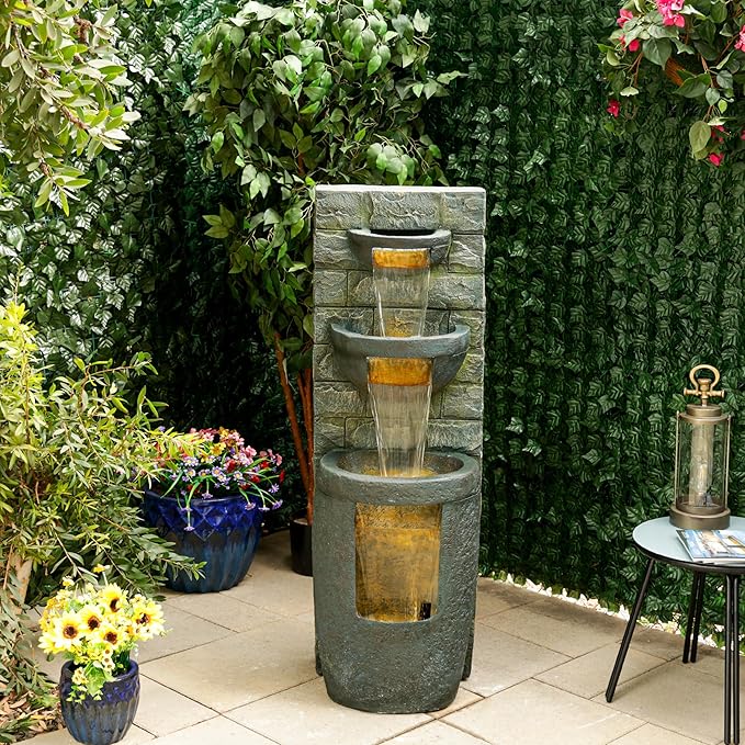 Alpine Corporation TZL384 Outdoor 3 Tier Water Fountain with LED Lights for Garden, Patio, Lawn and Yard Spaces, 51" H, Gray