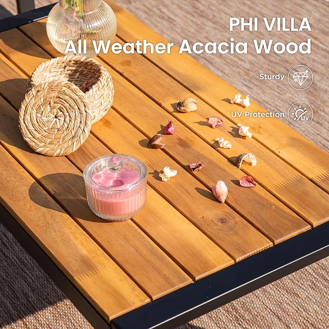 PHI VILLA Patio Wicker Furniture Set for 4, Yellow Rattan Loveseat & Chairs with Red Cushions & Acacia Wood Coffee Table, Outdoor Modern Conversation Sofa Set for Deck, Yard, Porch