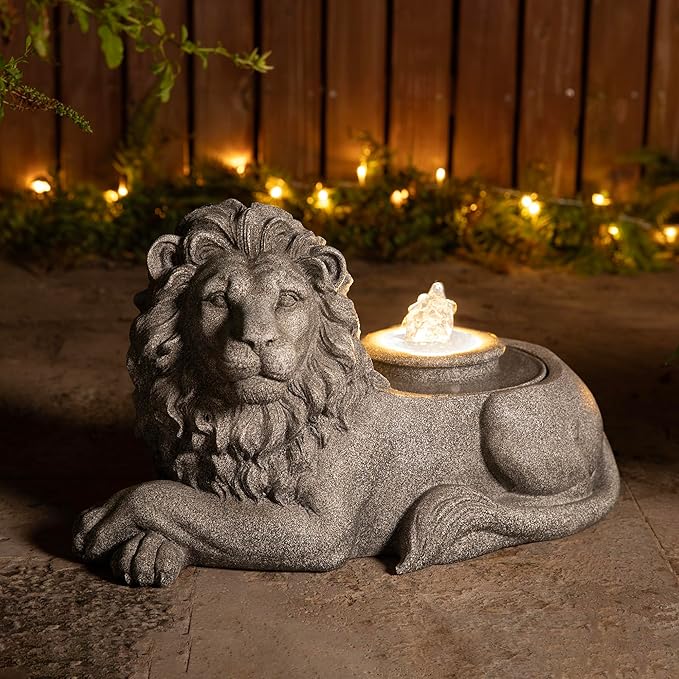 Glitzhome Outdoor Fountain with Lights & Pump, 20" L Zen-Style Lying Lion Polyresin Water Fountain Outdoor, Floor Standing Water Feature for Garden Yard Patio Porch Decor