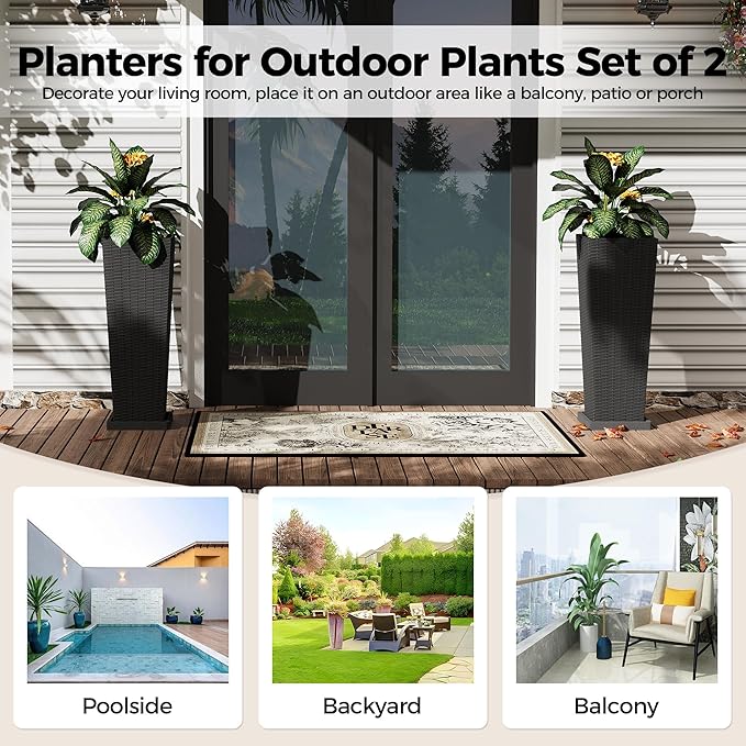 2 Pack Large Planters for Indoor Plants, Outdoor 32 inch Tall Planter with Removable Liners, Plant Pots for Trees Flowers, All-Weather Use with Drainage Holes & Saucers for Porch, Patio, Black