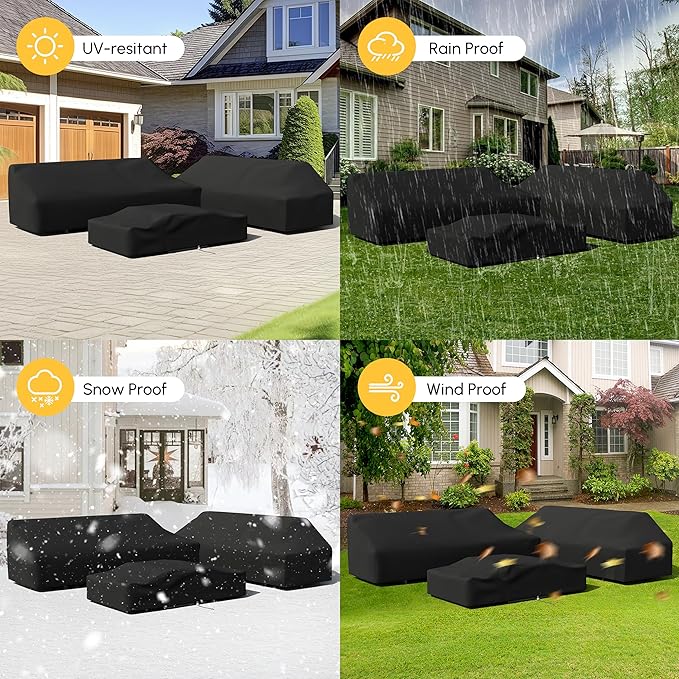 homary 6 Piece Aluminum & Teak Outdoor Sofa Set, Patio Conversation Sets Modular Outdoor Sofa with Covers, Waterproof, Fade Resistant Cushions Ideal for Patios & Balconies, Light Gray