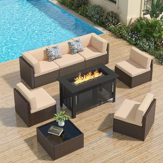 U-MAX 7 Piece Outdoor Patio Furniture Set with 43 Inch Fire Pit Table, PE Rattan Wicker Sofa Set, Outdoor Sectional Furniture Chair Set with Cushions and Tea Table, Brown Rattan&Beige Cushion