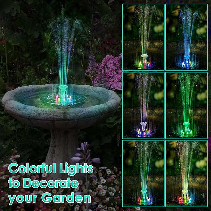Saillong 2 Pack 5W Solar Bird Bath Fountain Pump with Colorful LED Lights, Battery and Solar Powered Bird Bath Water Fountains with 6 Nozzles, Floating Fountain Pump for Bird Bath Garden, Pond