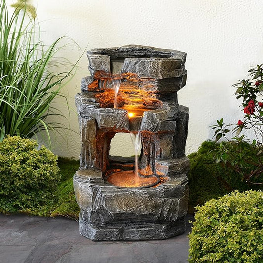 Kalona Outdoor Waterfall Fountain with LED Lights - 3-Tier Resin Rock Water Feature for Garden Patio Backyard, 21.5" Tall Fountain Decor 24392