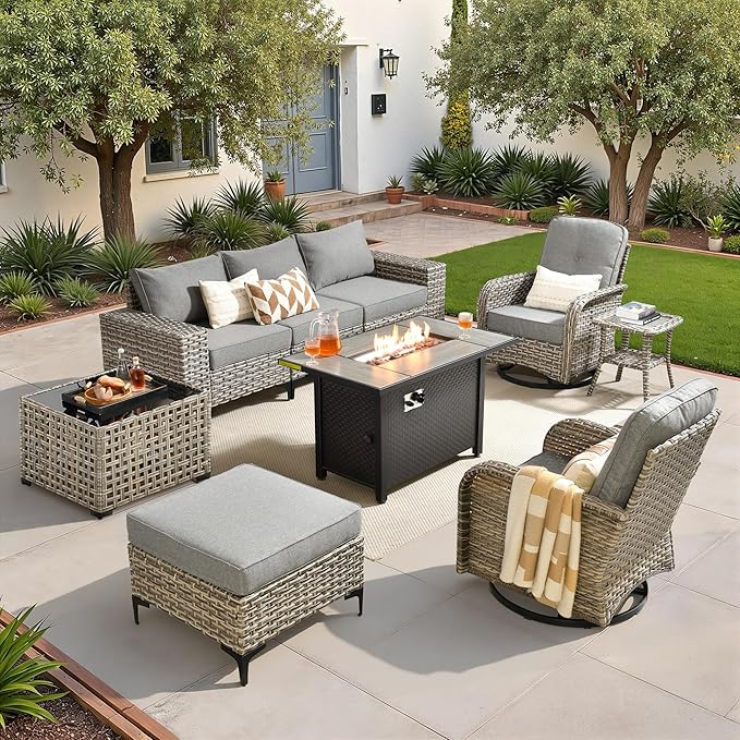 Patio Furniture Set,9 Pieces Outdoor Wicker Conversation Sets with 42 in Fire Pit Table,2 Wicker Rocking Chair & Coffee Table,Outdoor Sectional Sofa for Balcony Backyard Poolside Garden Lawn(Gray)