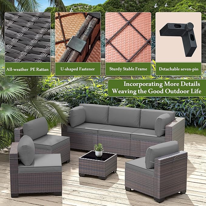 7 Pieces Outdoor Patio Furniture Set,Outdoor Sectional Furniture All Weather PE Rattan Wicker Patio Conversation Set with Coffee Table and 6 Thickened Cushions,Grey