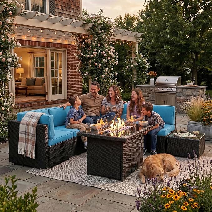 10 Pieces Patio Furniture Set with 44" Propane Gas Fire Pit Table, Outdoor Sectional Wicker Conversation Sofa Sets with Coffee Table