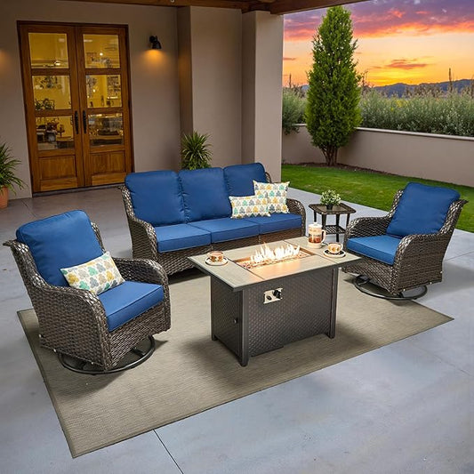 ovios 5-Piece Patio Furniture Set with Swivel Chairs Coffee Table, Outdoor Wicker Sofa with 42" Fire Pit Table, High Back Couch Modern Conversation Sets, Brown/Navy Blue