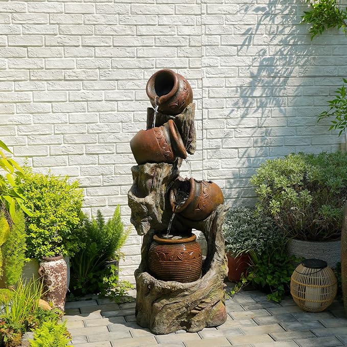 47" H Outdoor Water Fountain with LED Lights, 4-Tier Cascading Water Fountain for Indoor & Outdoor Use, Garden Patio Waterfall Fountain with Rustic Wood-Style Design for Porch, Backyard Décor
